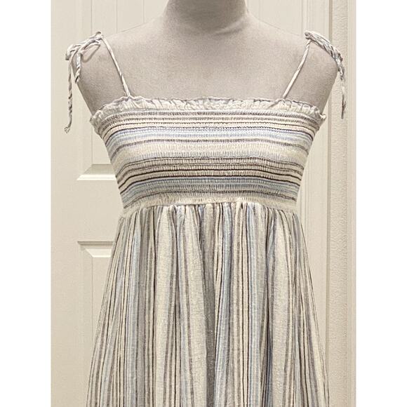 AQUA Striped Smocked Linen Midi Dress with Tie Straps Size Small - Picture 2 of 7